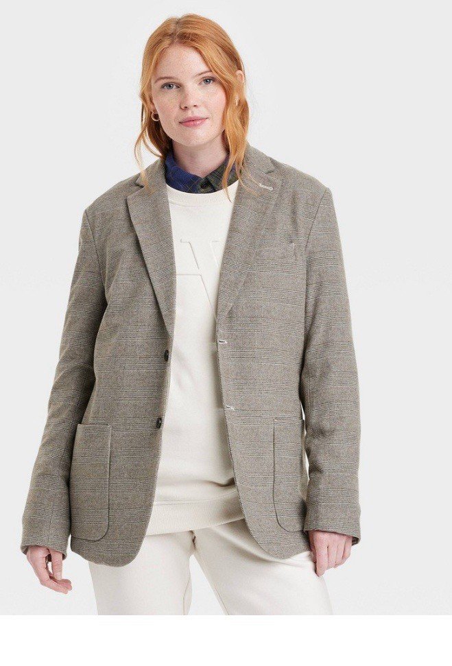 Houston White Women Blazer Coat Plaid Suit Jacket Beige Brown 2 Buttons XXL 2XL