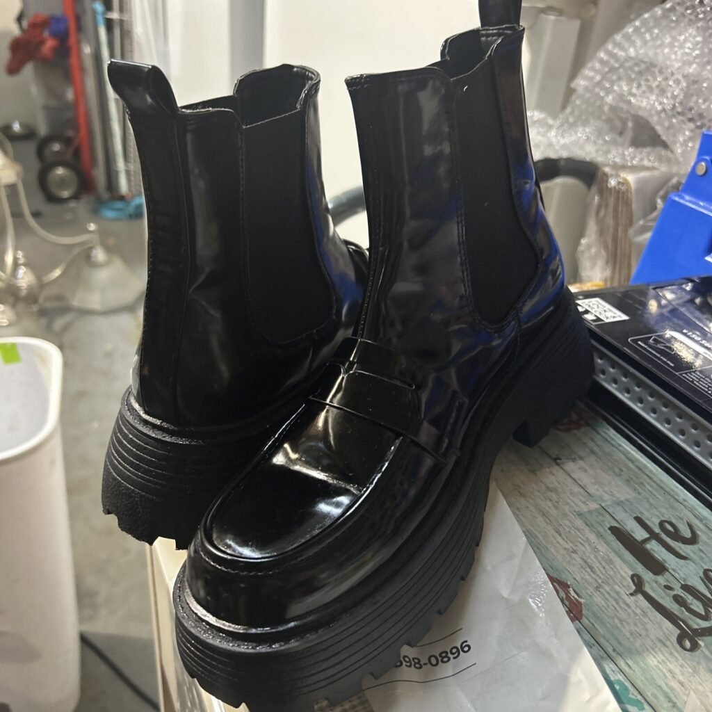 Sz 8 9 Ankle Boot Women Black Calf Synthetic Chunky Sole Booties Platform Heel
