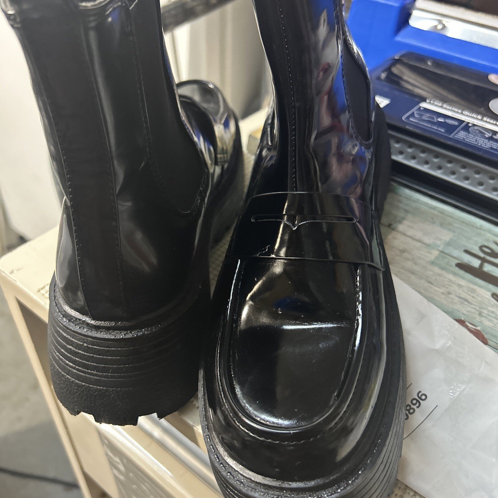 Sz 8 9 Ankle Boot Women Black Calf Synthetic Chunky Sole Booties Platform Heel - Image 2