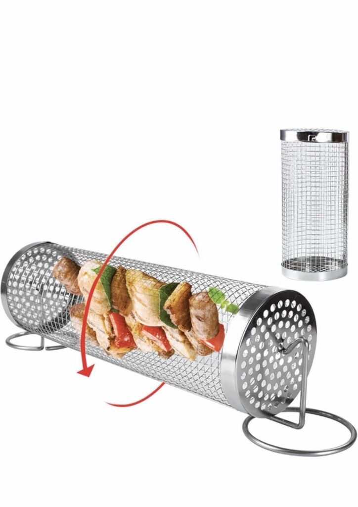 Rolling Grill Baskets 1 Pc Stainless Steel Mesh for Outdoor BBQ Portable Holder