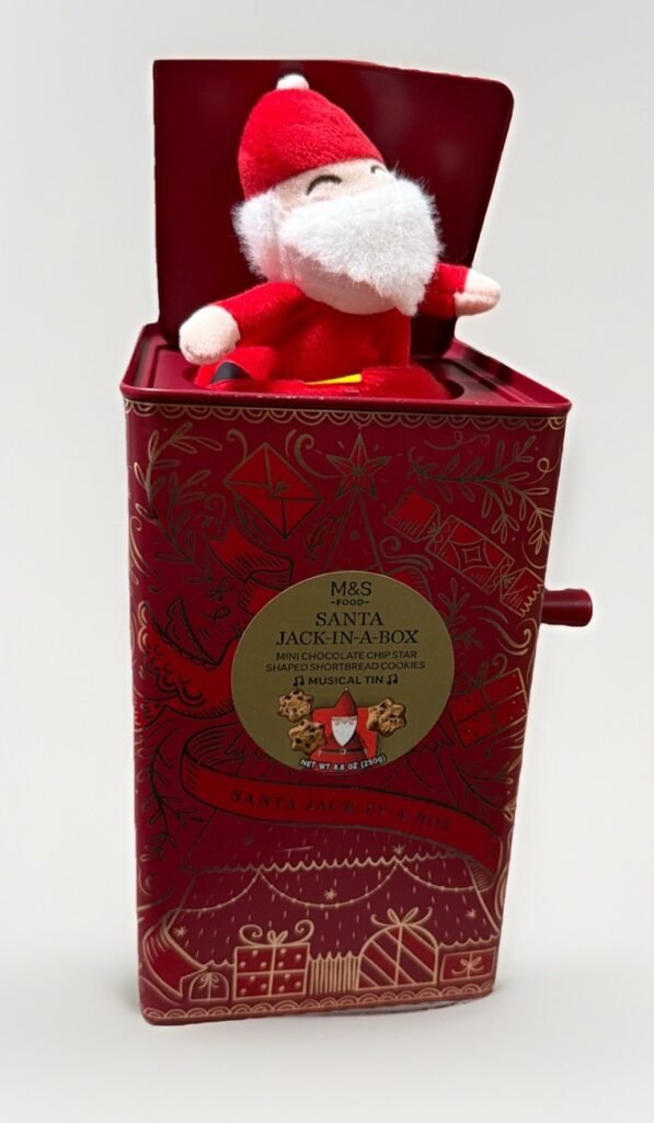 M&S Santa Claus Jack in the Box Wind Up Christmas Tin Toy w/Cookies New