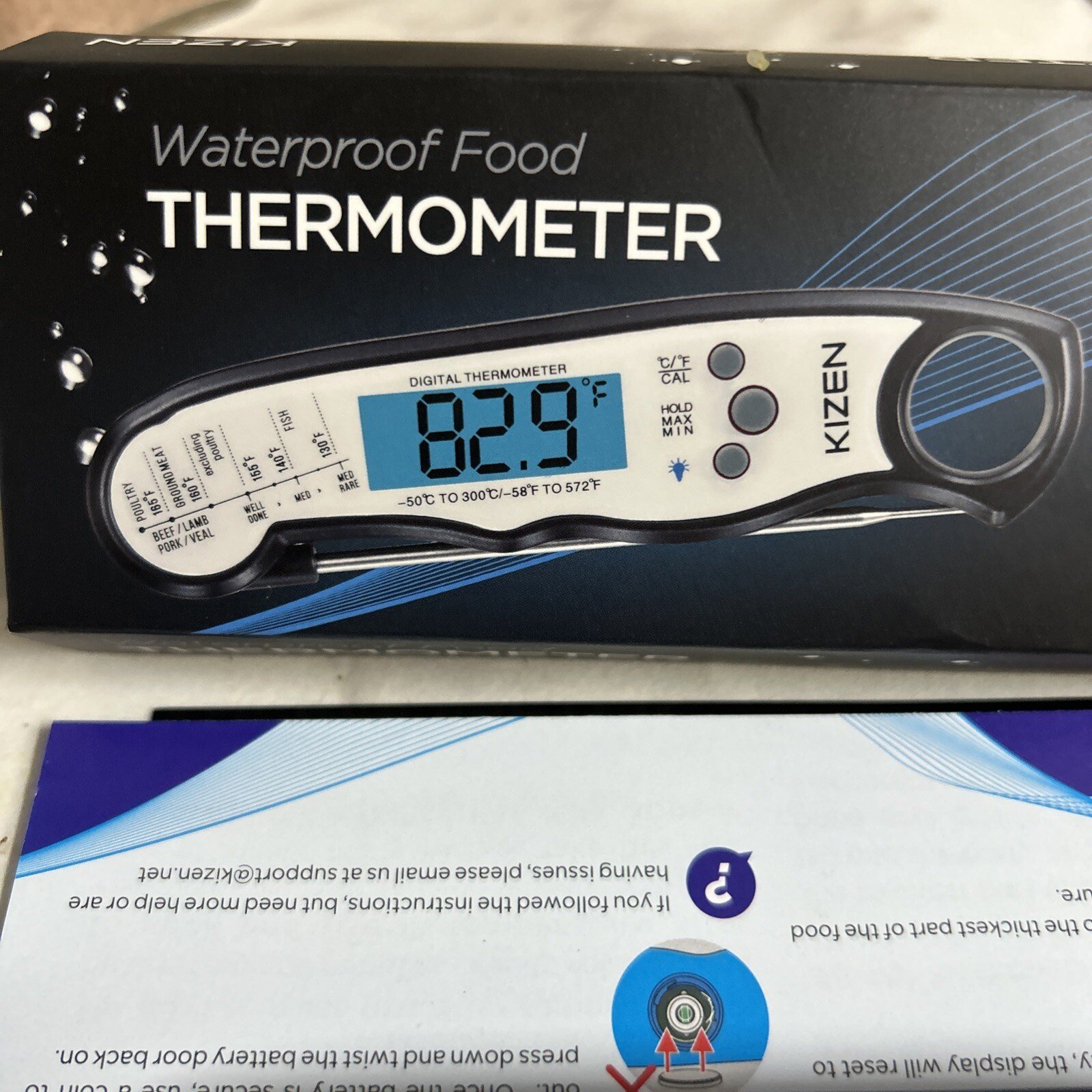 1 Pc Kizen Digital Waterproof Instant Read Meat Thermometer Jet Black LCD Light - Image 2