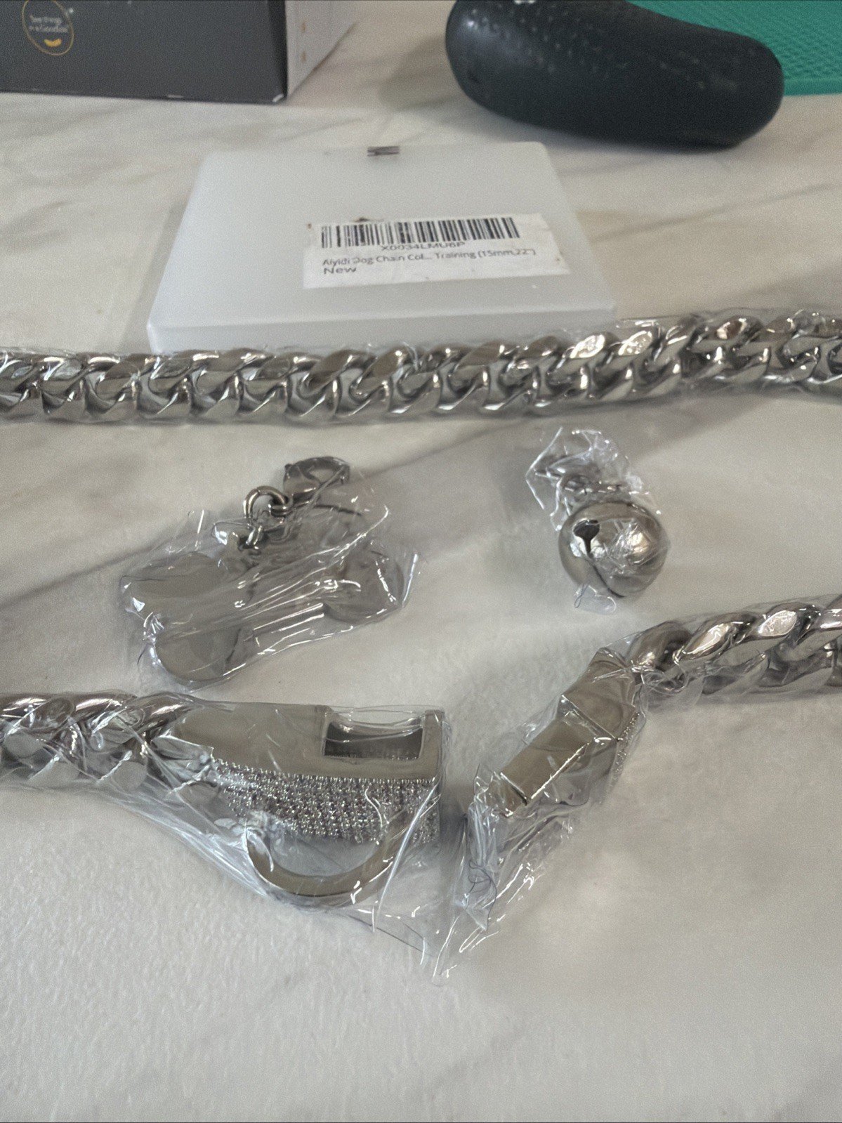 15mm 22inch 22” Dog Chain Collar Silver Stainless Steel Cuban Link W Bell & Tag