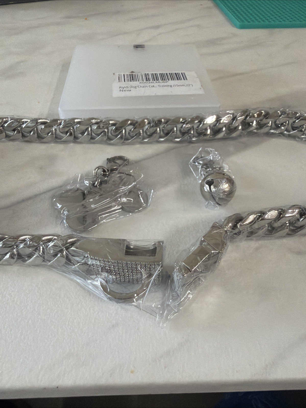 15mm 22inch 22” Dog Chain Collar Silver Stainless Steel Cuban Link W Bell & Tag - Image 2