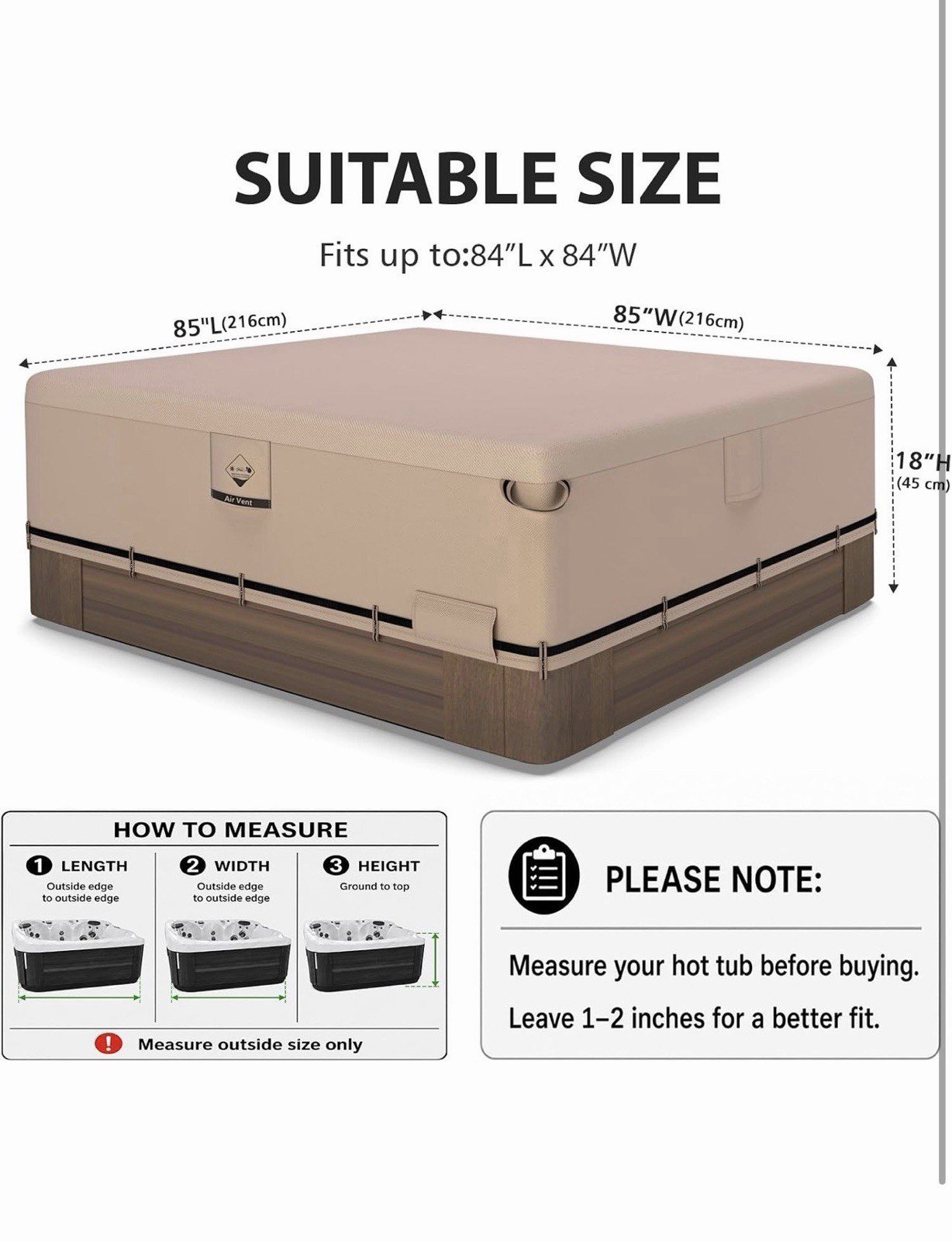 IP65 Waterproof Hot Tub Cover, Wind & UV Resistant 1000D Polyester 85x85 Spa