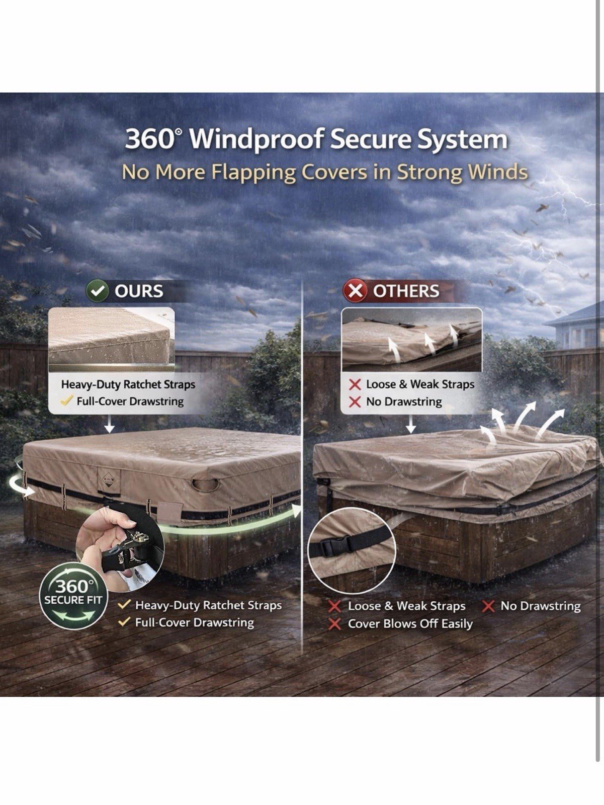 IP65 Waterproof Hot Tub Cover, Wind & UV Resistant 1000D Polyester 85x85 Spa - Image 3