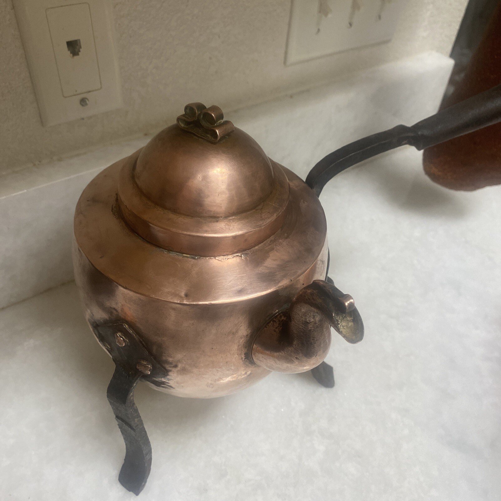 Antique 150+ Yer old Hand Made Swedish Copper Tea Kettle W Hammered Metal Handle - Image 2