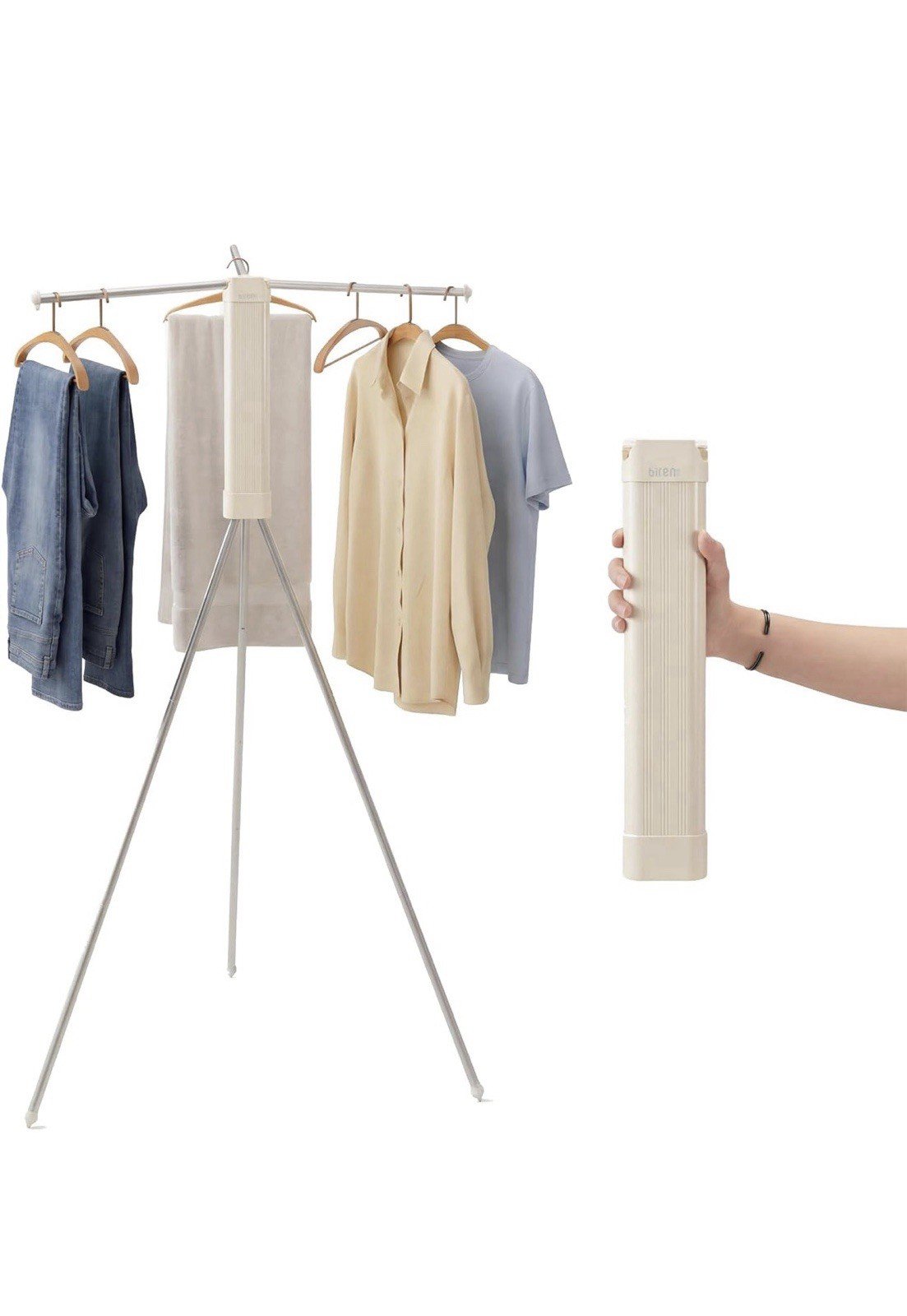 Beige 3 Rods Foldable Clothes Drying Adjustable Windproof Laundry Tripod Rack