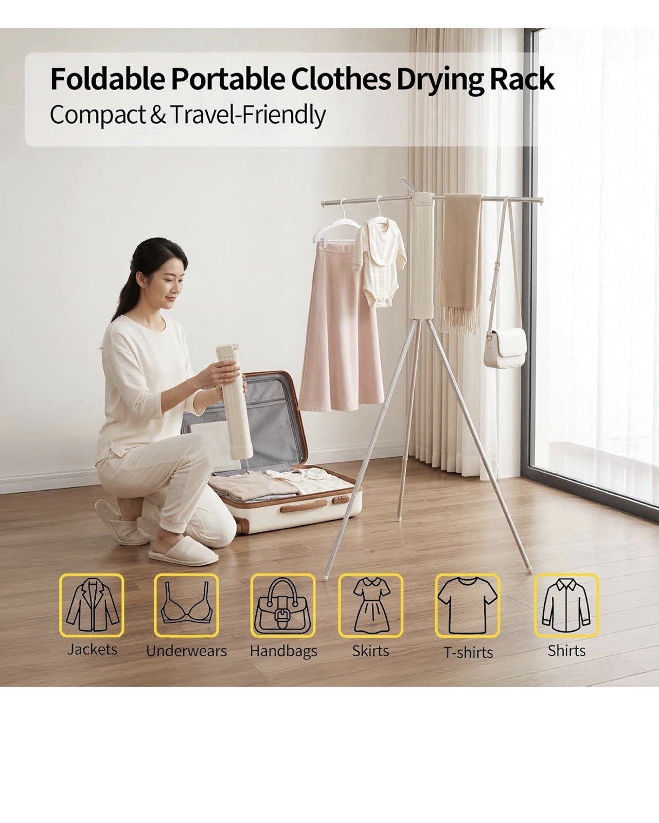 Beige 3 Rods Foldable Clothes Drying Adjustable Windproof Laundry Tripod Rack - Image 4